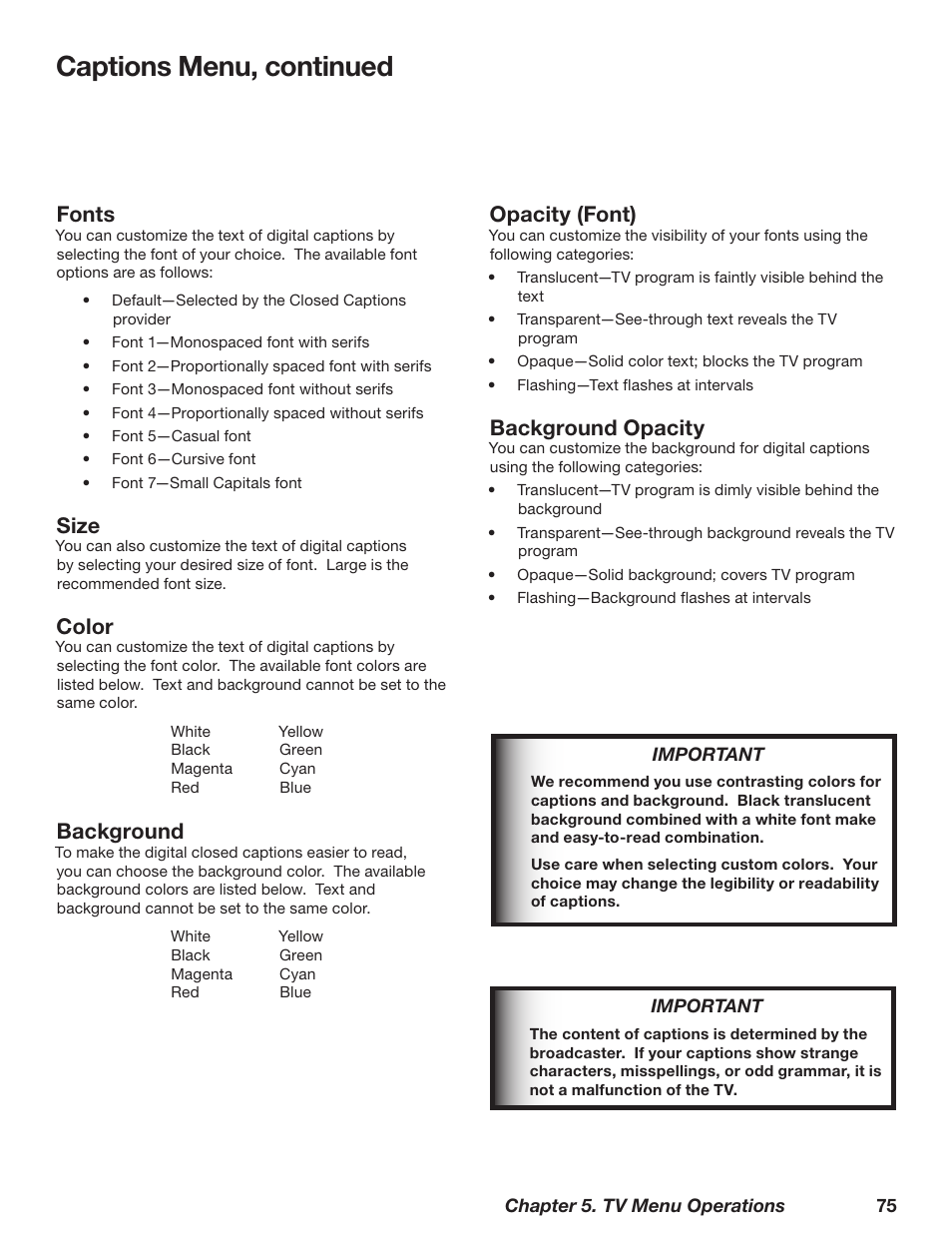 Captions menu, continued, Fonts, Size | Color, Background, Opacity (font), Background opacity | MITSUBISHI ELECTRIC TM WD-62827 User Manual | Page 75 / 129