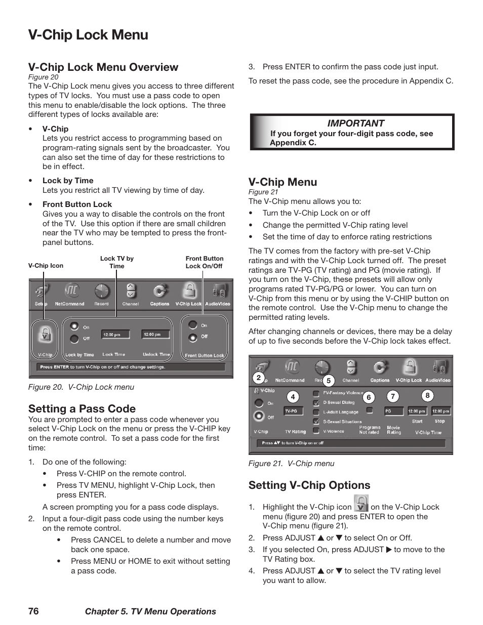 V-chip lock menu, V-chip lock menu overview, Setting a pass code | V-chip menu, Setting v-chip options | MITSUBISHI ELECTRIC TM WD-62827 User Manual | Page 76 / 129