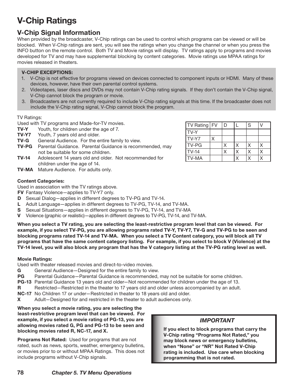 V-chip ratings, V-chip signal information | MITSUBISHI ELECTRIC TM WD-62827 User Manual | Page 78 / 129