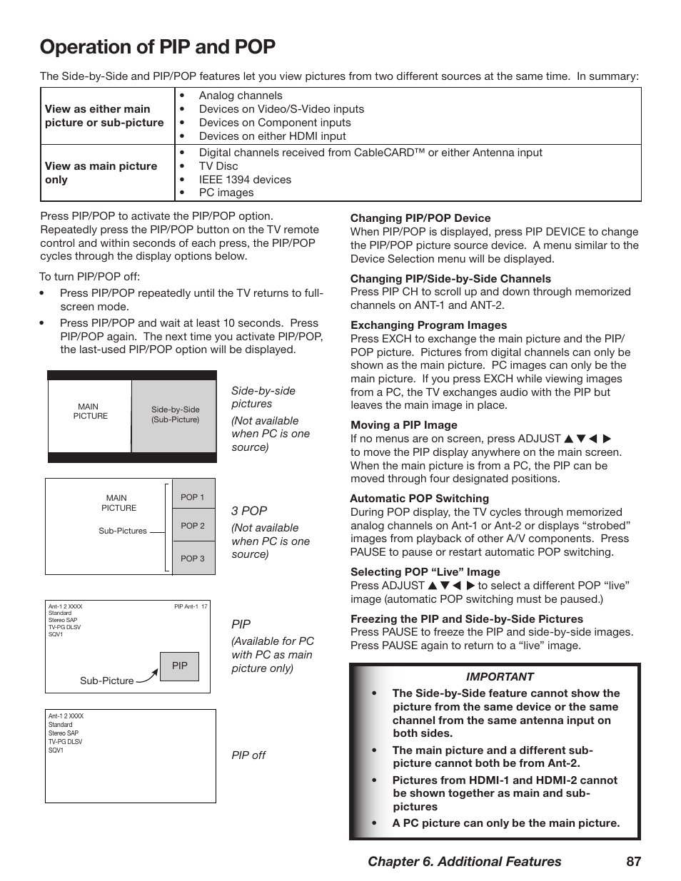 Operation of pip and pop | MITSUBISHI ELECTRIC TM WD-62827 User Manual | Page 87 / 129