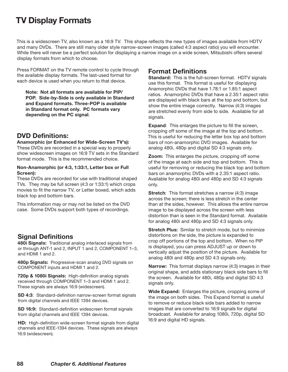 Tv display formats, Signal definitions, Dvd definitions | Format definitions | MITSUBISHI ELECTRIC TM WD-62827 User Manual | Page 88 / 129