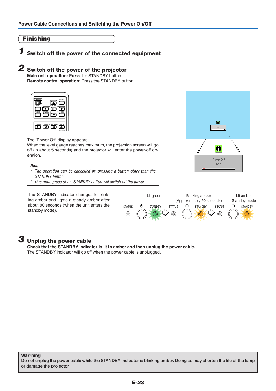 Finishing, E-23, Switch off the power of the connected equipment | Switch off the power of the projector, Unplug the power cable | MITSUBISHI ELECTRIC XD60U User Manual | Page 24 / 65