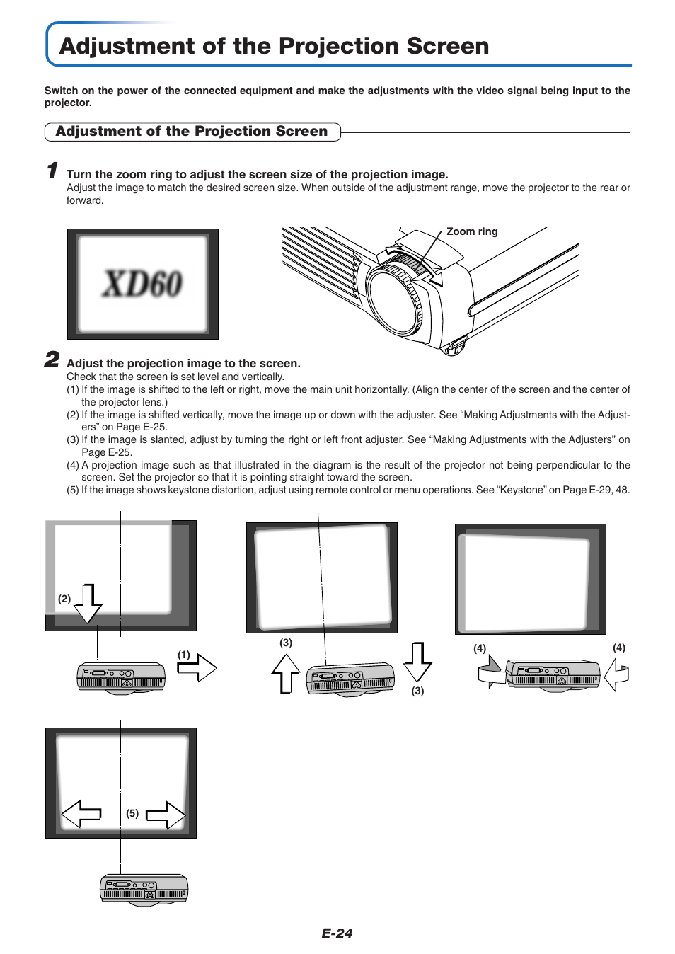 Adjustment of the projection screen | MITSUBISHI ELECTRIC XD60U User Manual | Page 25 / 65