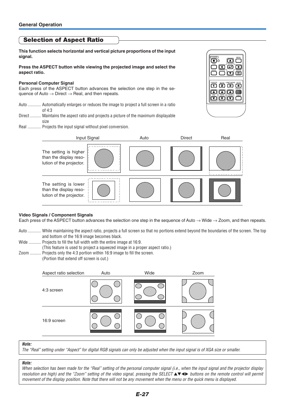 Selection of aspect ratio, E-27, General operation | MITSUBISHI ELECTRIC XD60U User Manual | Page 28 / 65