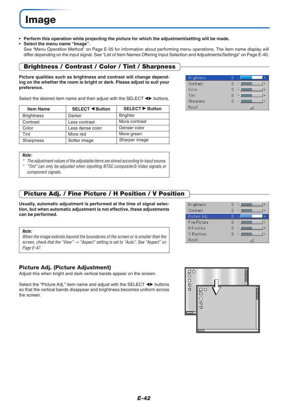 Image, Brightness / contrast / color / tint / sharpness | MITSUBISHI ELECTRIC XD60U User Manual | Page 43 / 65