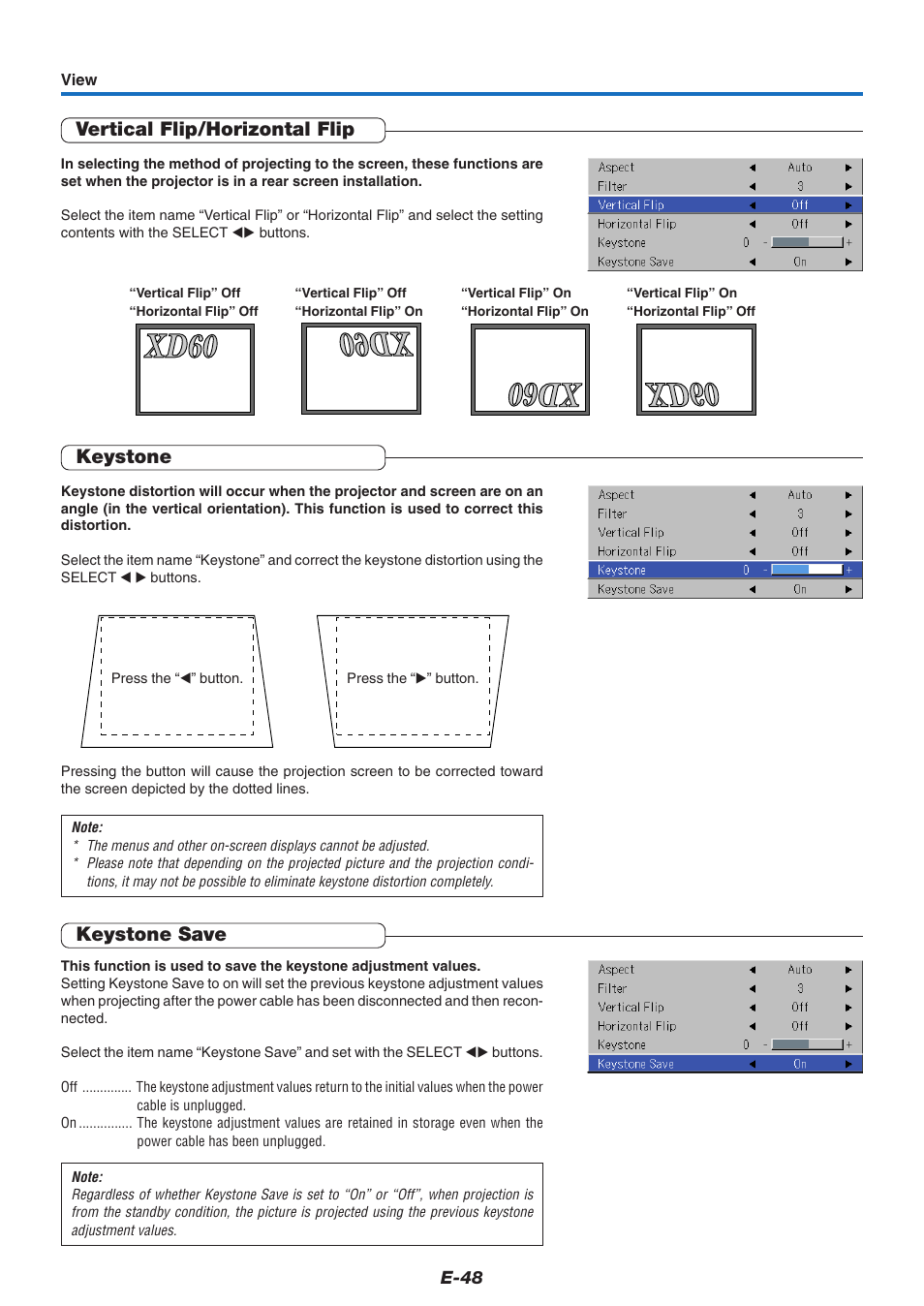 Vertical flip/horizontal flip, Keystone, Keystone save | Xd60 | MITSUBISHI ELECTRIC XD60U User Manual | Page 49 / 65