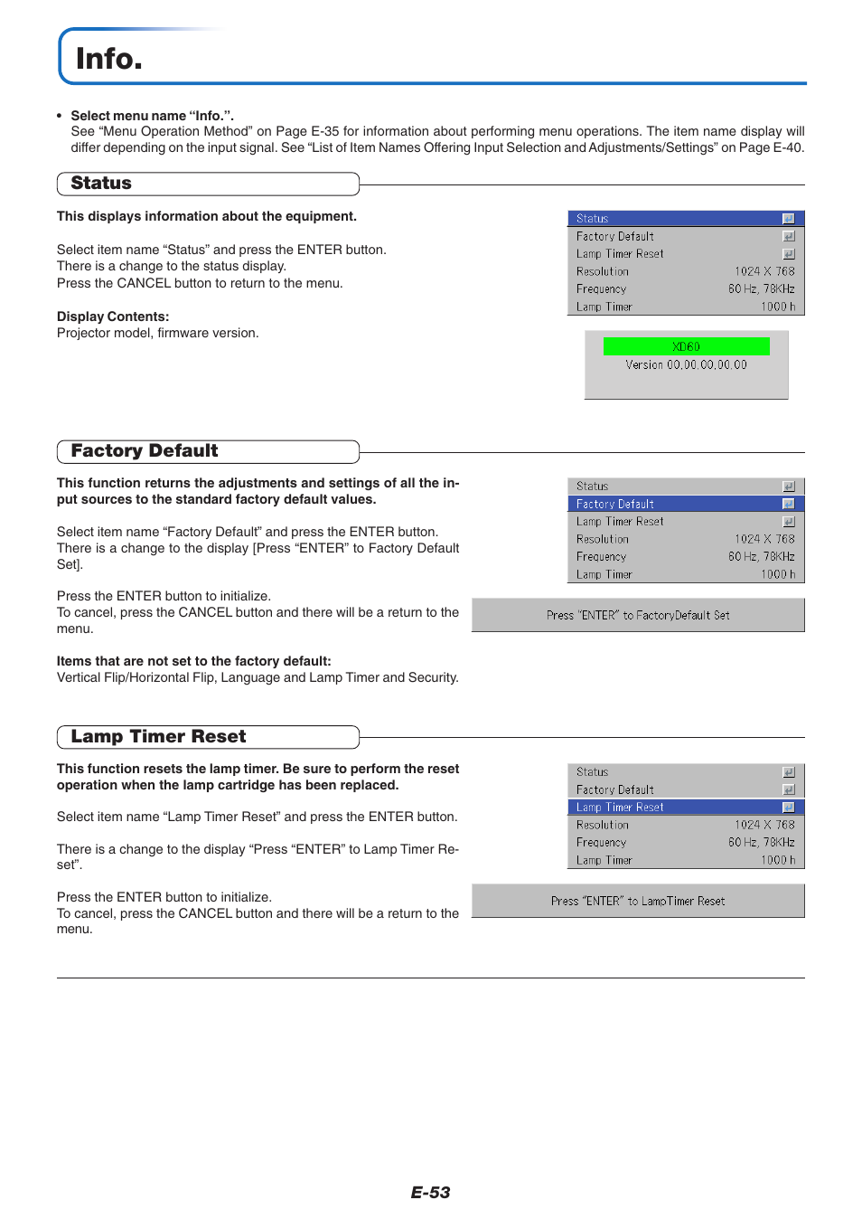 Info, Status, Factory default | Lamp timer reset | MITSUBISHI ELECTRIC XD60U User Manual | Page 54 / 65