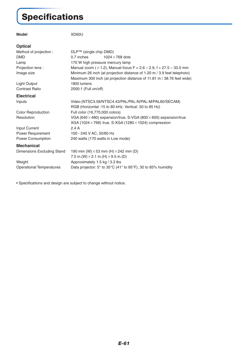 Specifications | MITSUBISHI ELECTRIC XD60U User Manual | Page 62 / 65