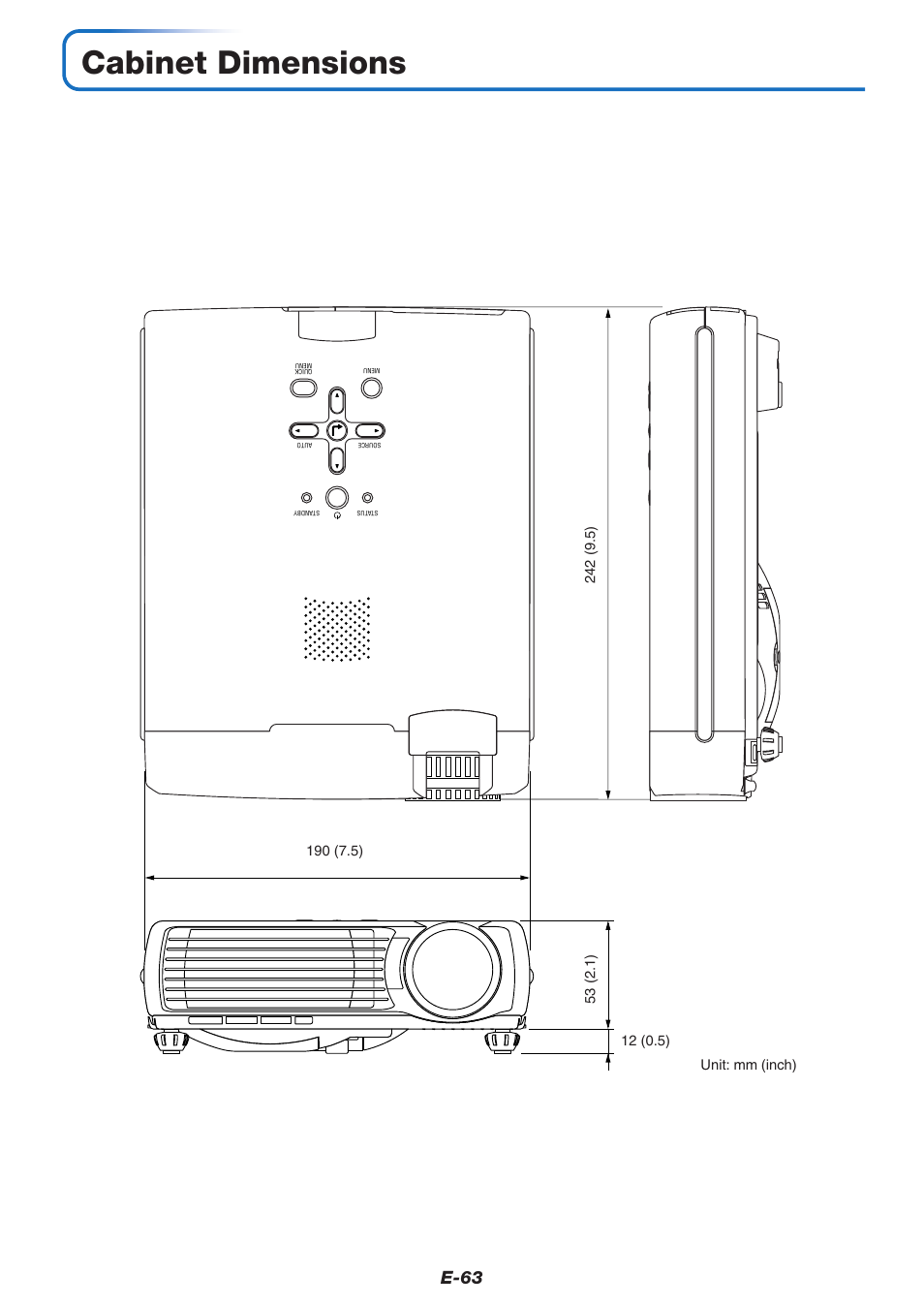 Cabinet dimensions, E-63 | MITSUBISHI ELECTRIC XD60U User Manual | Page 64 / 65