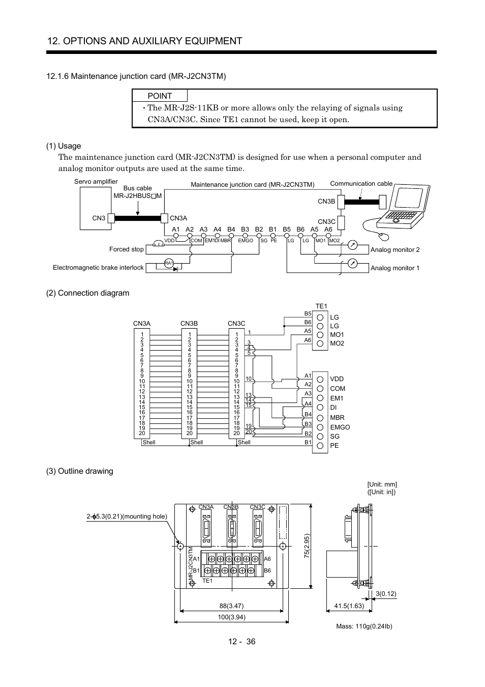 6 maintenance junction card (mr-j2cn3tm), Options and auxiliary equipment, 2) connection diagram | 3) outline drawing | MITSUBISHI ELECTRIC Merservo MR-J2S- B User Manual | Page 195 / 236