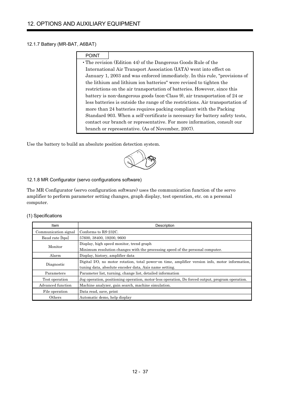 7 battery (mr-bat, a6bat), 8 mr configurator (servo configurations software), Options and auxiliary equipment | MITSUBISHI ELECTRIC Merservo MR-J2S- B User Manual | Page 196 / 236