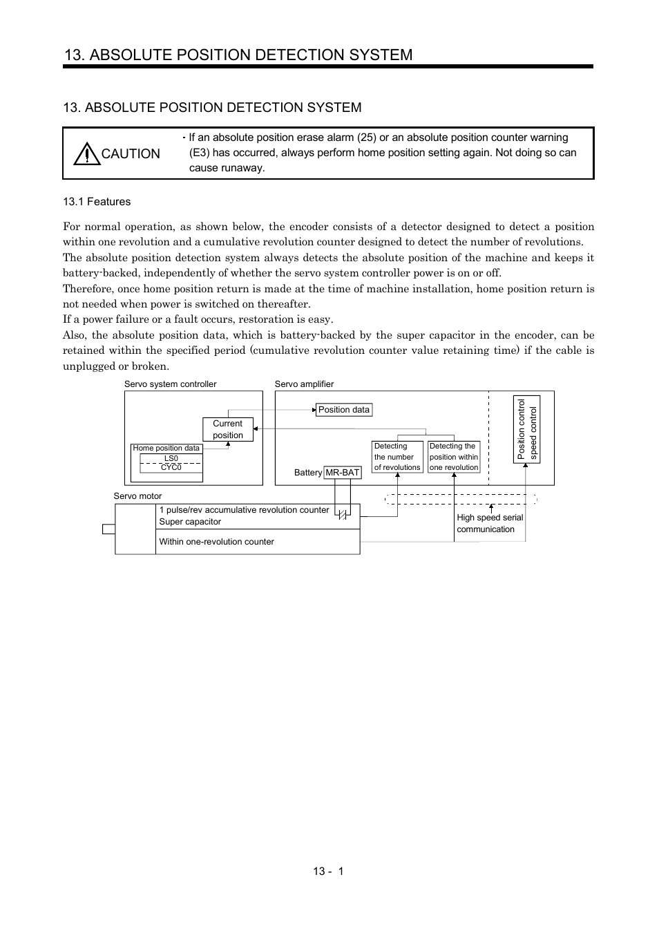 Absolute position detection system, 1 features, Absolute position detection system caution | MITSUBISHI ELECTRIC Merservo MR-J2S- B User Manual | Page 224 / 236