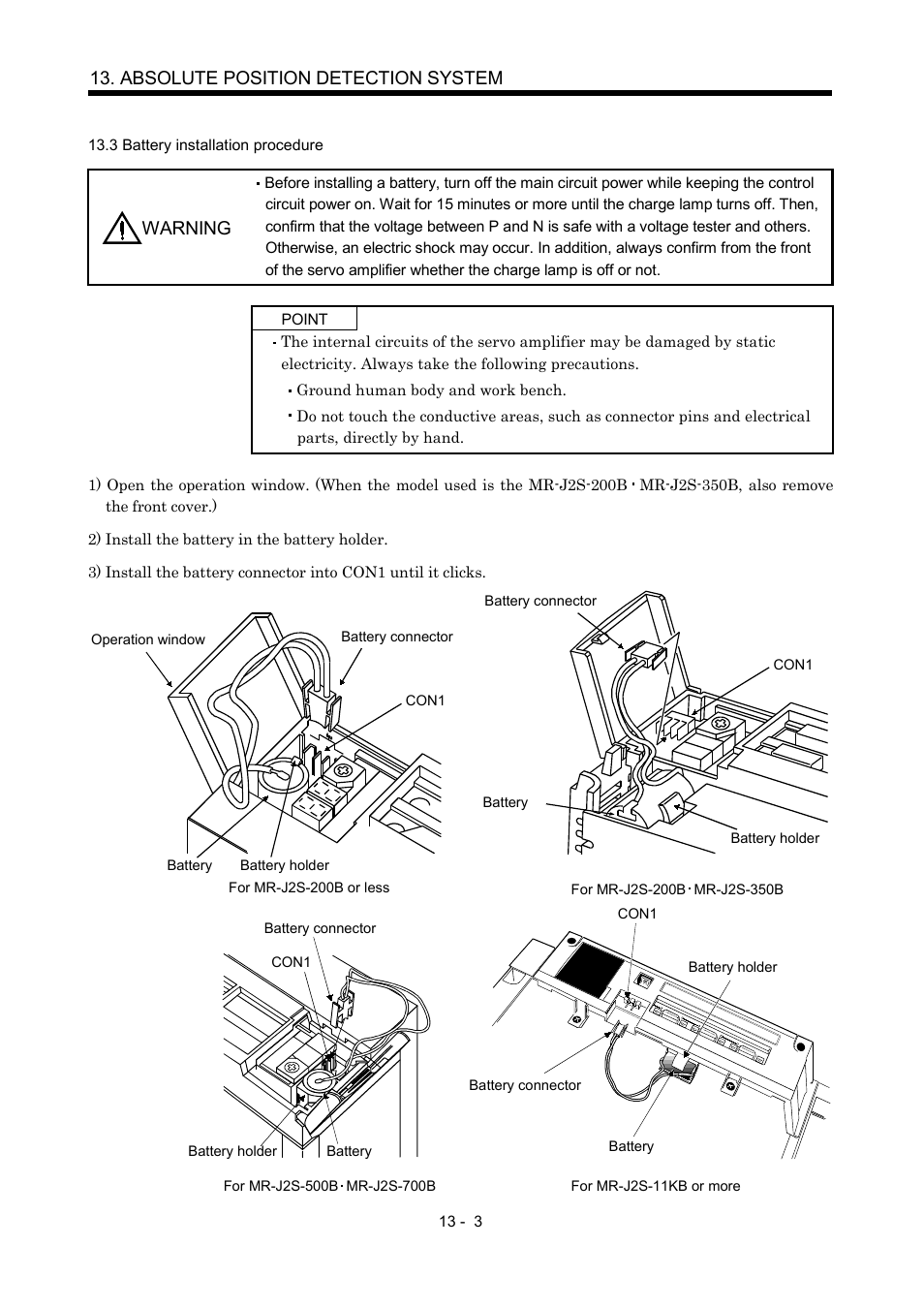 3 battery installation procedure, Absolute position detection system, Warning | MITSUBISHI ELECTRIC Merservo MR-J2S- B User Manual | Page 226 / 236