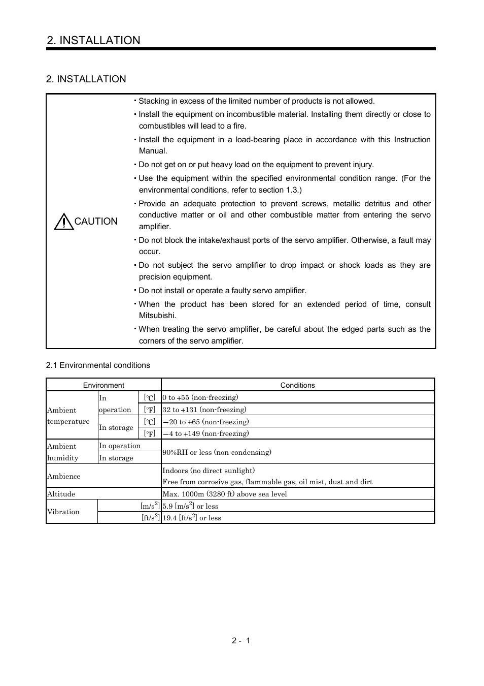 Installation, 1 environmental conditions, Installation caution | MITSUBISHI ELECTRIC Merservo MR-J2S- B User Manual | Page 40 / 236