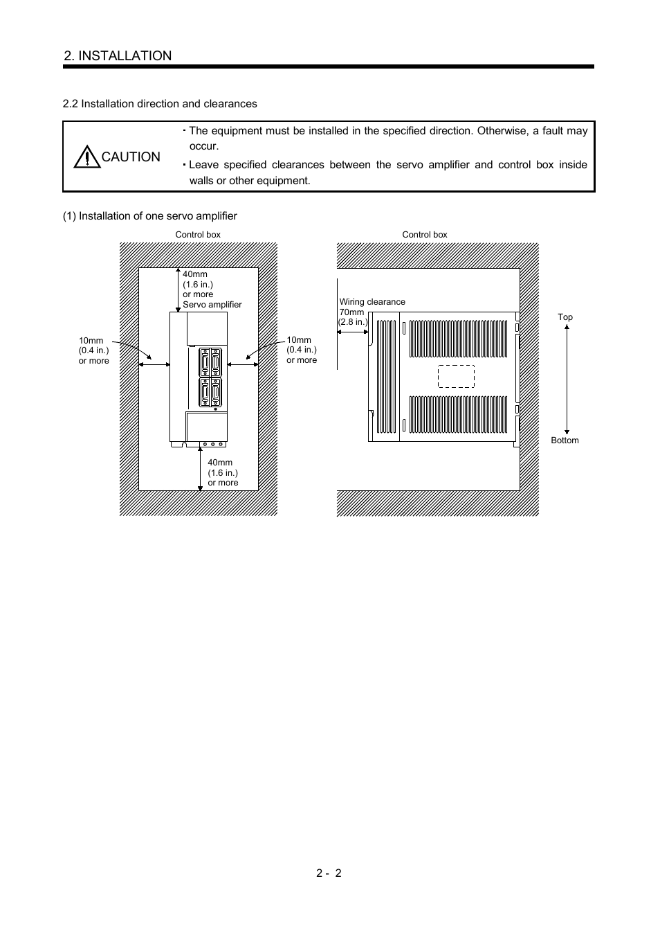 2 installation direction and clearances, Installation, Caution | MITSUBISHI ELECTRIC Merservo MR-J2S- B User Manual | Page 41 / 236