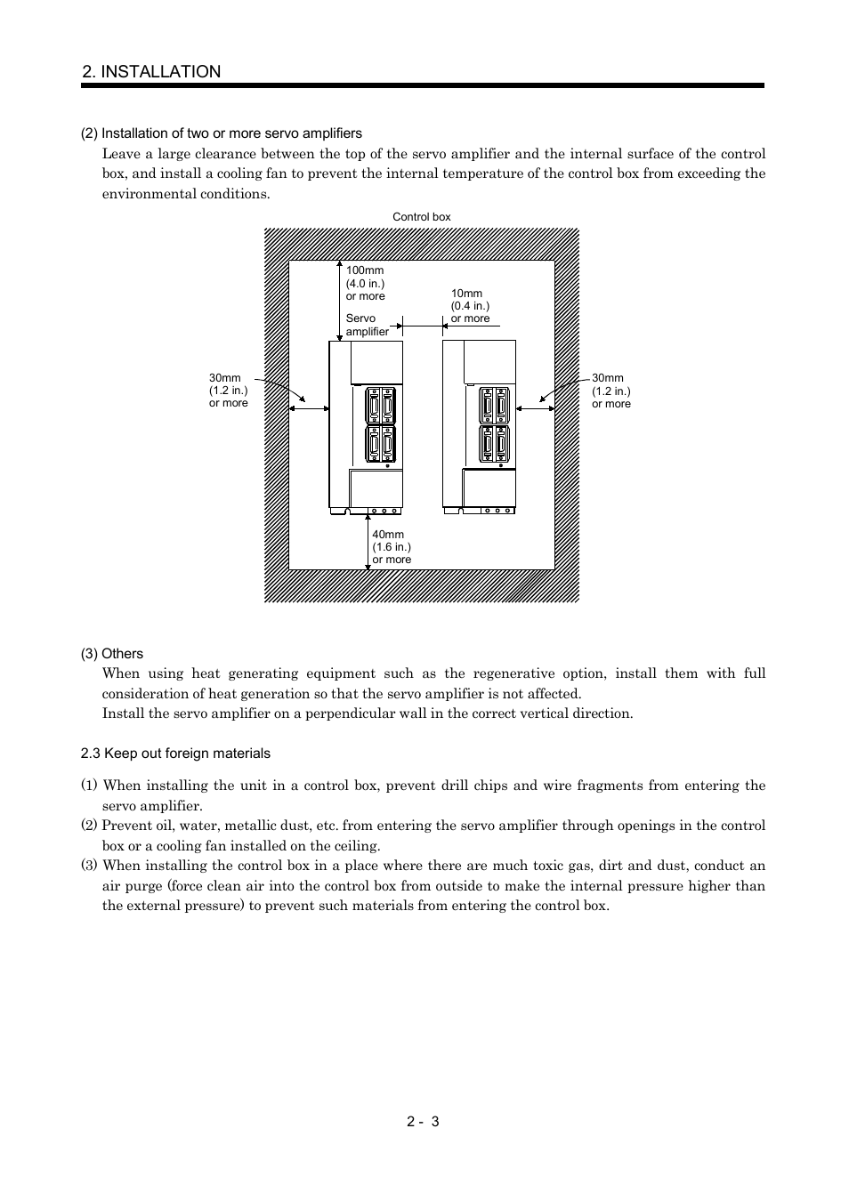 3 keep out foreign materials, Installation | MITSUBISHI ELECTRIC Merservo MR-J2S- B User Manual | Page 42 / 236