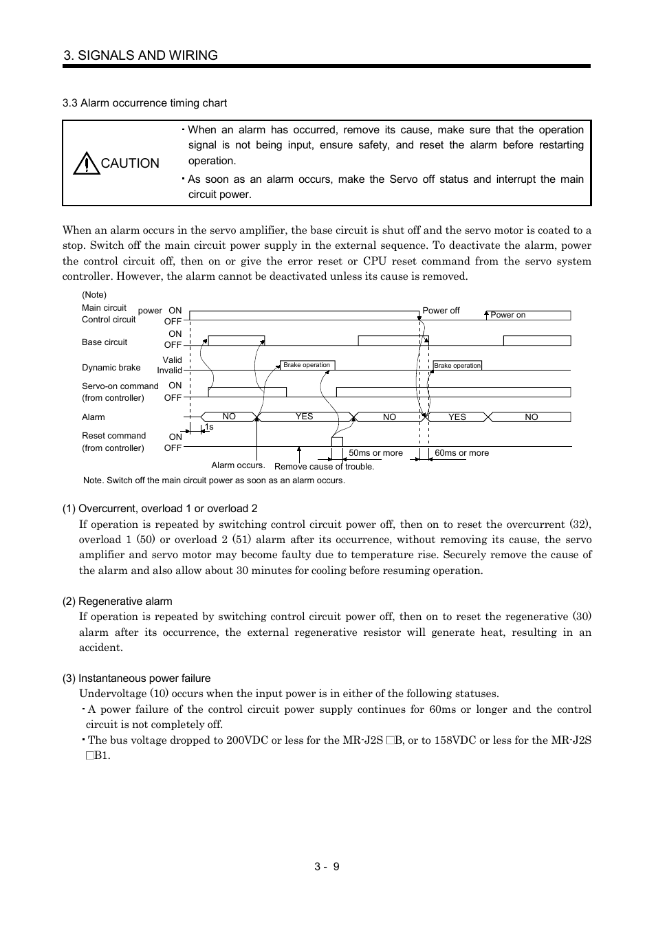 3 alarm occurrence timing chart, Signals and wiring, Caution | MITSUBISHI ELECTRIC Merservo MR-J2S- B User Manual | Page 52 / 236