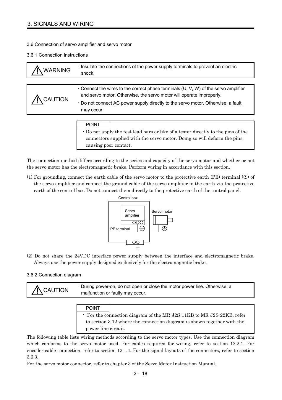 6 connection of servo amplifier and servo motor, 1 connection instructions, 2 connection diagram | Signals and wiring, Warning, Caution | MITSUBISHI ELECTRIC Merservo MR-J2S- B User Manual | Page 61 / 236