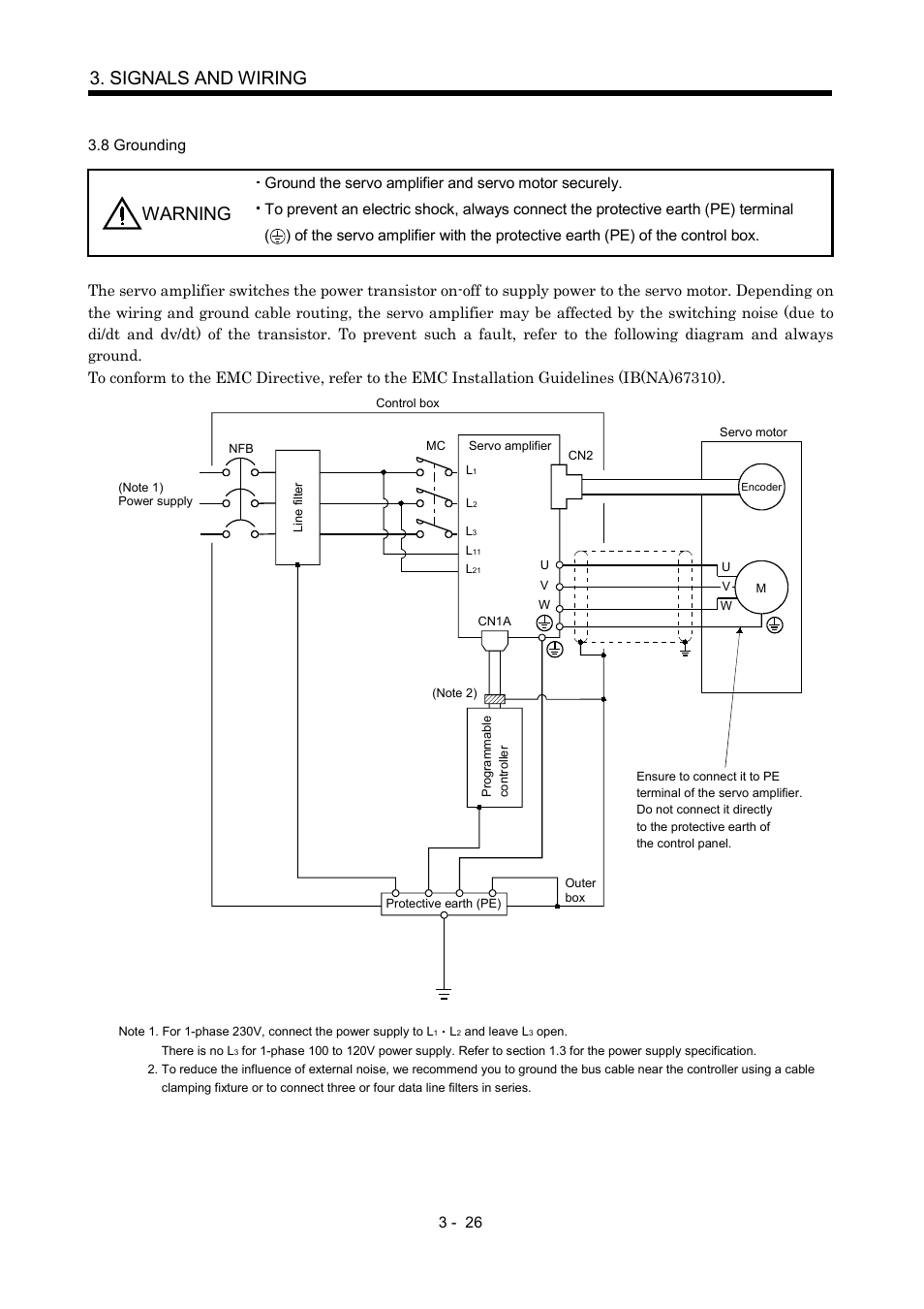 8 grounding, Signals and wiring, Warning | MITSUBISHI ELECTRIC Merservo MR-J2S- B User Manual | Page 69 / 236