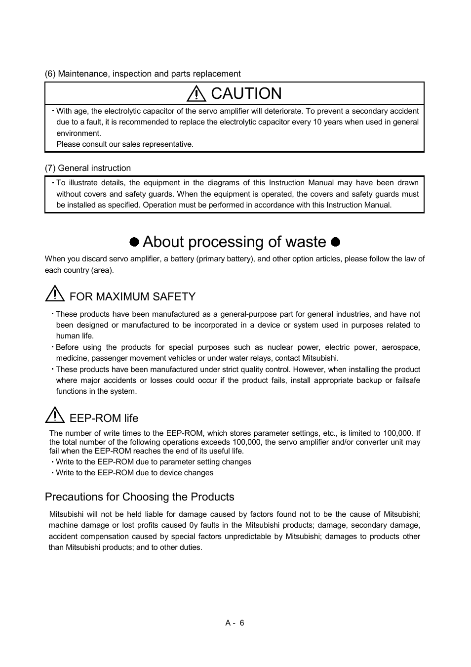 About processing of waste, Caution, For maximum safety | Eep-rom life, Precautions for choosing the products | MITSUBISHI ELECTRIC Merservo MR-J2S- B User Manual | Page 7 / 236