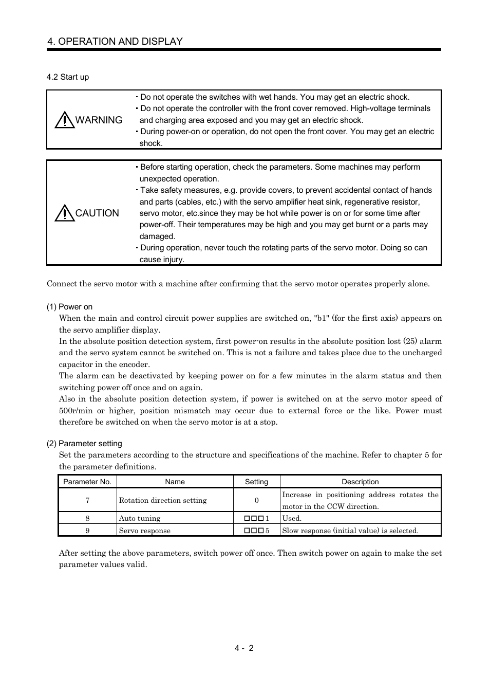 2 start up, Operation and display, Warning | Caution | MITSUBISHI ELECTRIC Merservo MR-J2S- B User Manual | Page 83 / 236