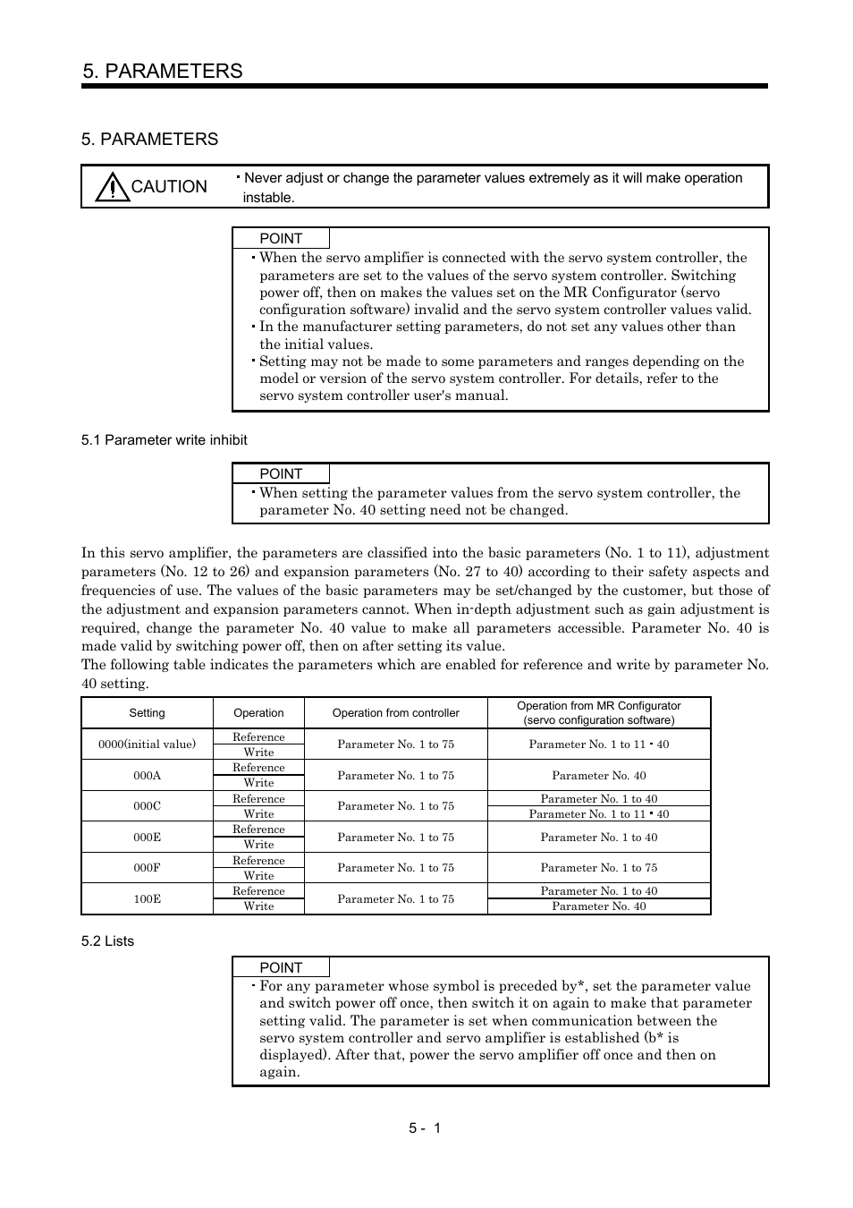 Parameters, 1 parameter write inhibit, 2 lists | Parameters caution | MITSUBISHI ELECTRIC Merservo MR-J2S- B User Manual | Page 90 / 236