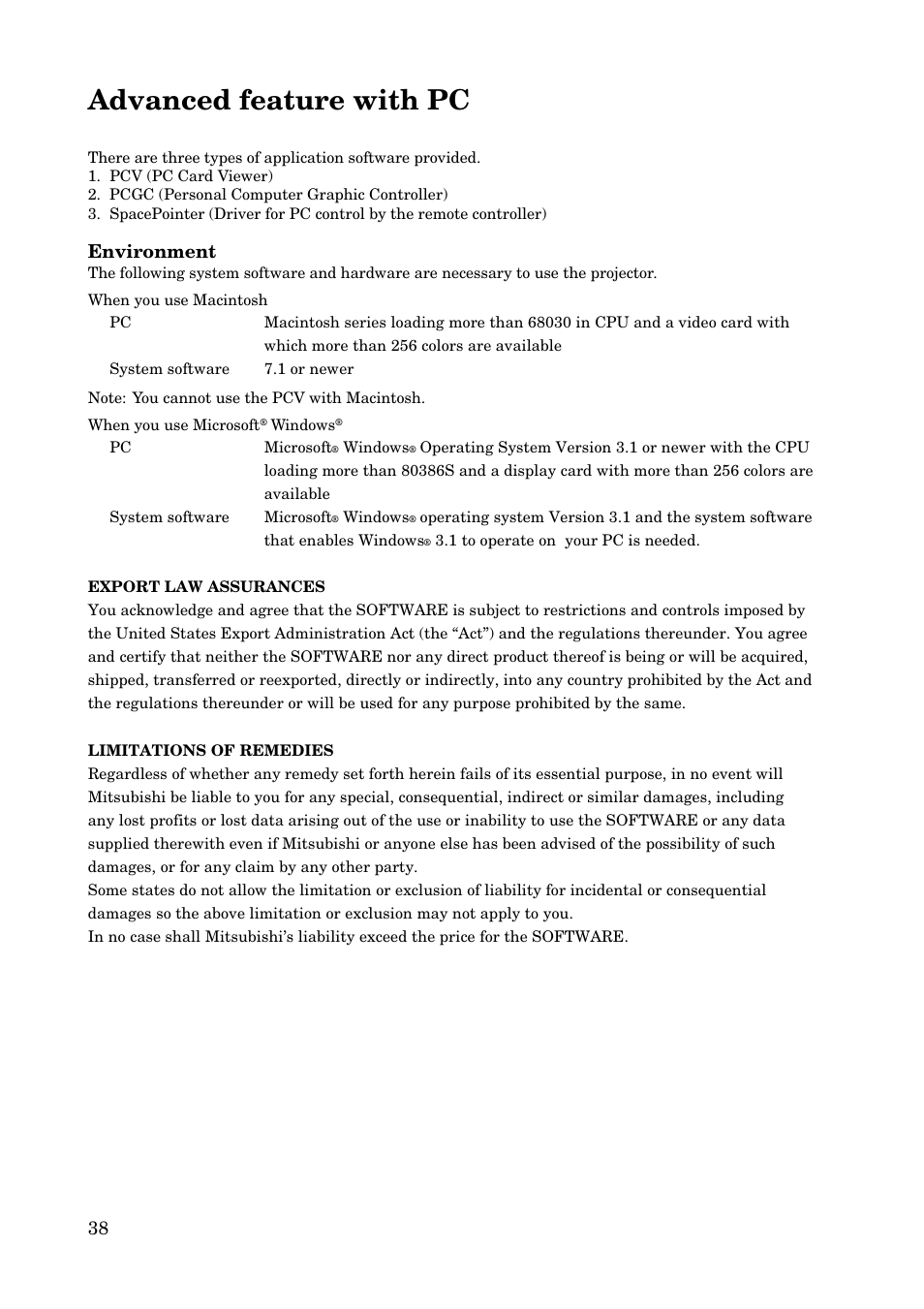 Advanced feature with pc, Environment | MITSUBISHI ELECTRIC X100 User Manual | Page 38 / 55