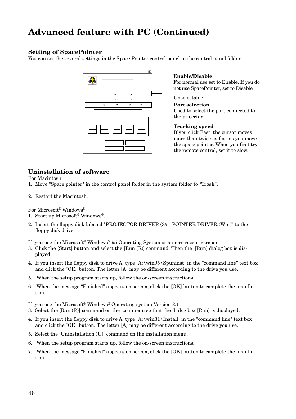 Advanced feature with pc (continued), 46 setting of spacepointer, Uninstallation of software | MITSUBISHI ELECTRIC X100 User Manual | Page 46 / 55