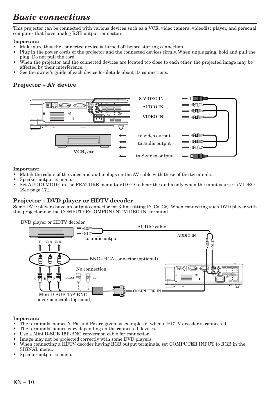 Basic connections, En – 10, Projector + av device | Projector + dvd player or hdtv decoder | MITSUBISHI ELECTRIC Sl4U User Manual | Page 10 / 34