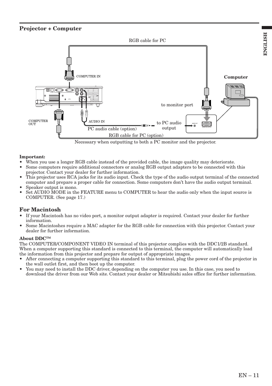 En – 11, Projector + computer, For macintosh | MITSUBISHI ELECTRIC Sl4U User Manual | Page 11 / 34