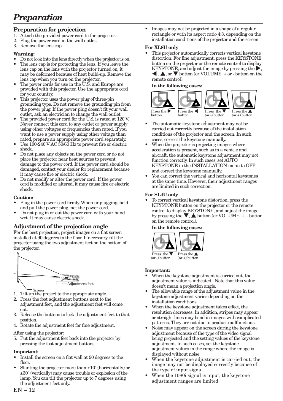 Preparation, En – 12, Preparation for projection | Adjustment of the projection angle | MITSUBISHI ELECTRIC Sl4U User Manual | Page 12 / 34