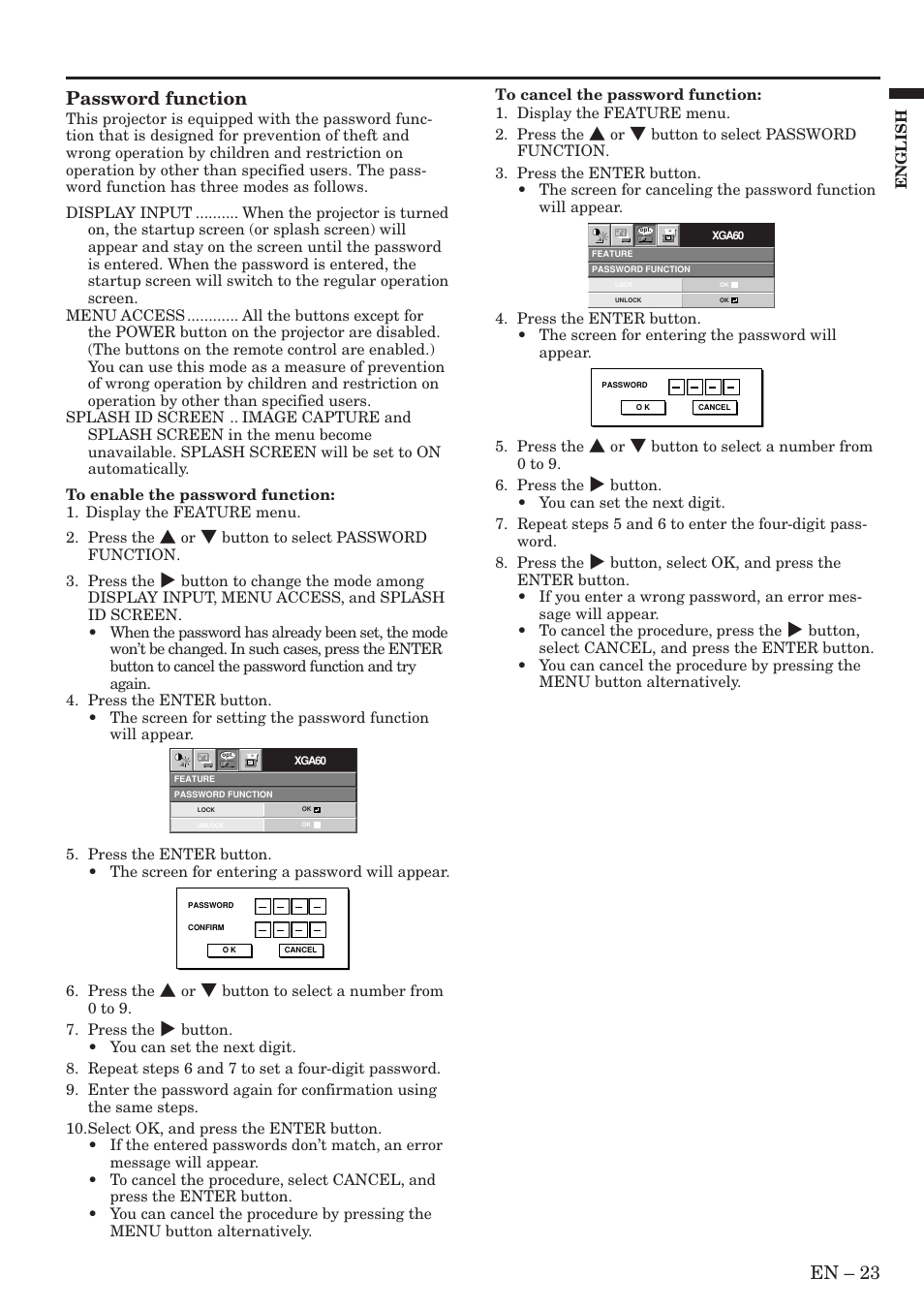 En – 23, Password function | MITSUBISHI ELECTRIC Sl4U User Manual | Page 23 / 34