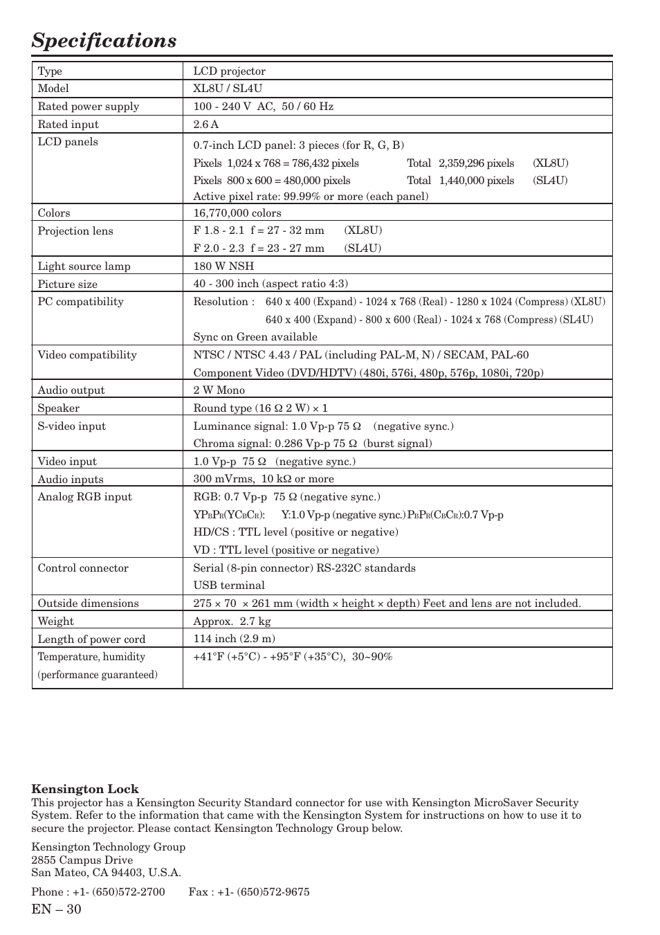 Specifications, En – 30 | MITSUBISHI ELECTRIC Sl4U User Manual | Page 30 / 34