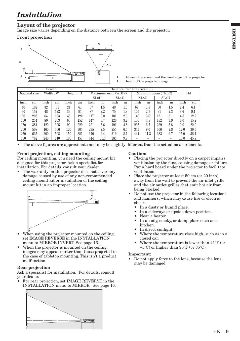 Installation, En – 9, Layout of the projector | MITSUBISHI ELECTRIC Sl4U User Manual | Page 9 / 34