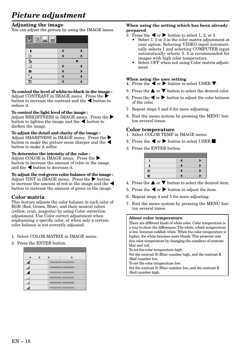 Picture adjustment, En – 18 adjusting the image, Color matrix | Color temperature | MITSUBISHI ELECTRIC LVP X70U User Manual | Page 18 / 30