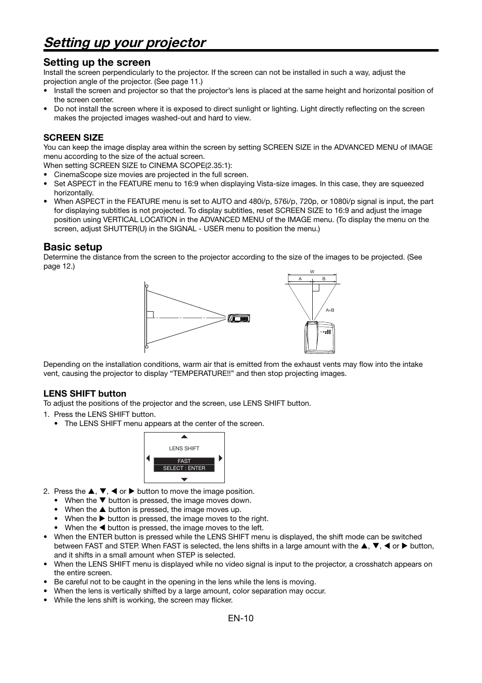 Setting up your projector, Setting up the screen, Basic setup | MITSUBISHI ELECTRIC HC6000 User Manual | Page 10 / 47