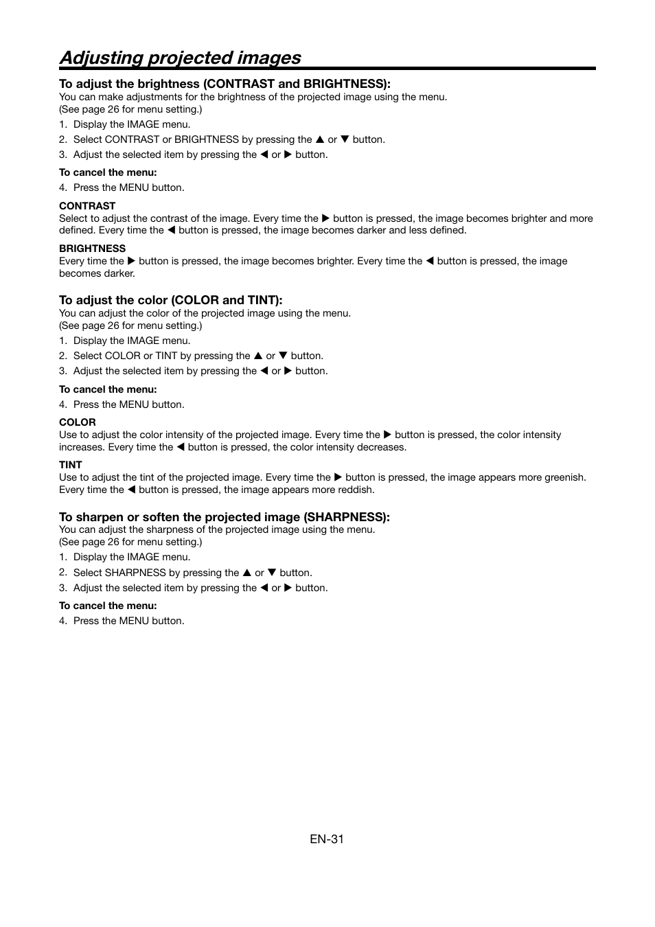 Adjusting projected images | MITSUBISHI ELECTRIC HC6000 User Manual | Page 31 / 47