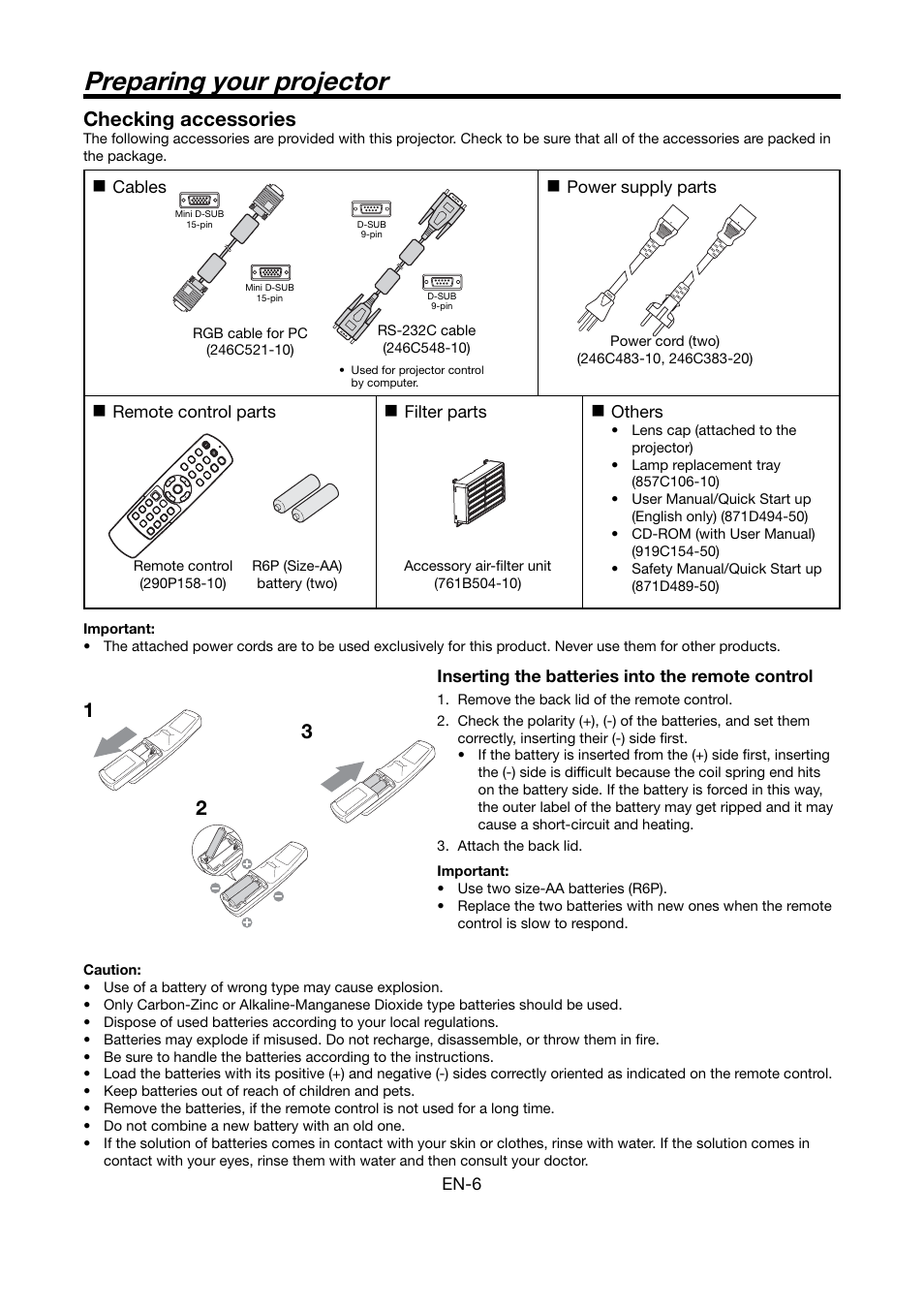 Preparing your projector, 23 checking accessories | MITSUBISHI ELECTRIC HC6000 User Manual | Page 6 / 47