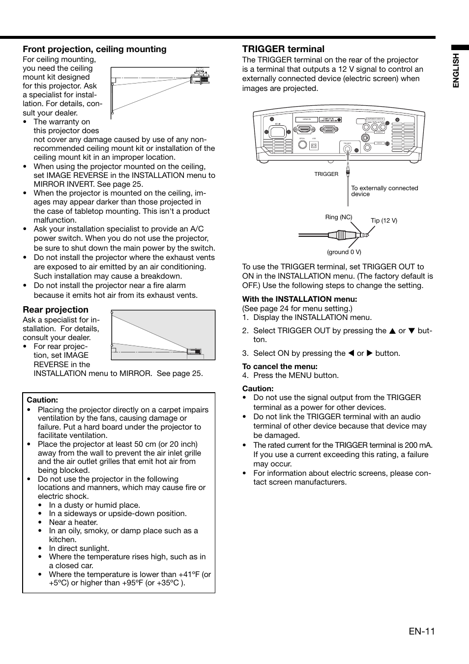 En-11, Trigger terminal, Front projection, ceiling mounting | Rear projection | MITSUBISHI ELECTRIC HD 4000 User Manual | Page 11 / 40