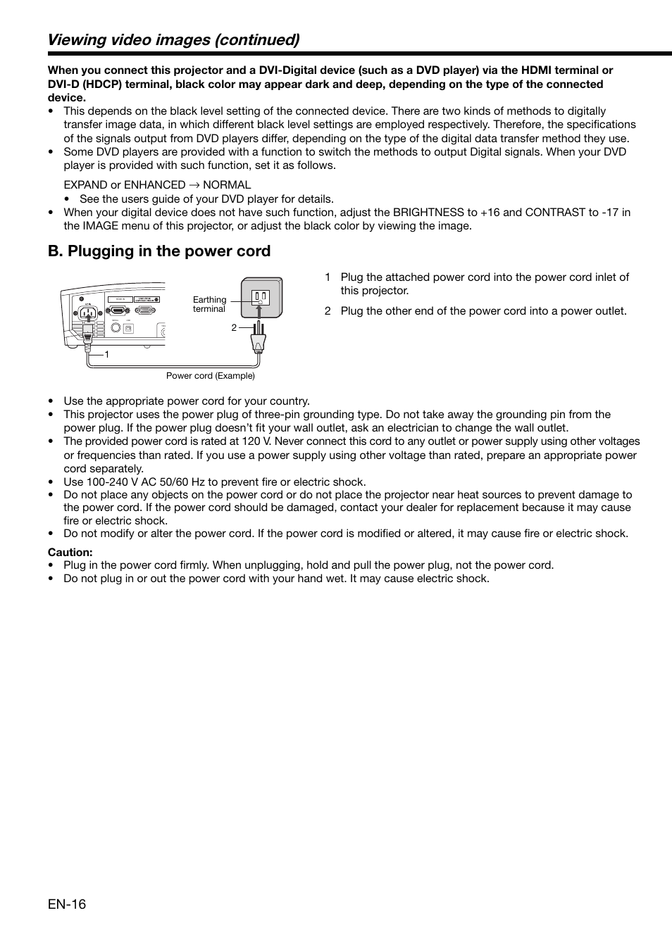 Viewing video images (continued), B. plugging in the power cord, En-16 | MITSUBISHI ELECTRIC HD 4000 User Manual | Page 16 / 40