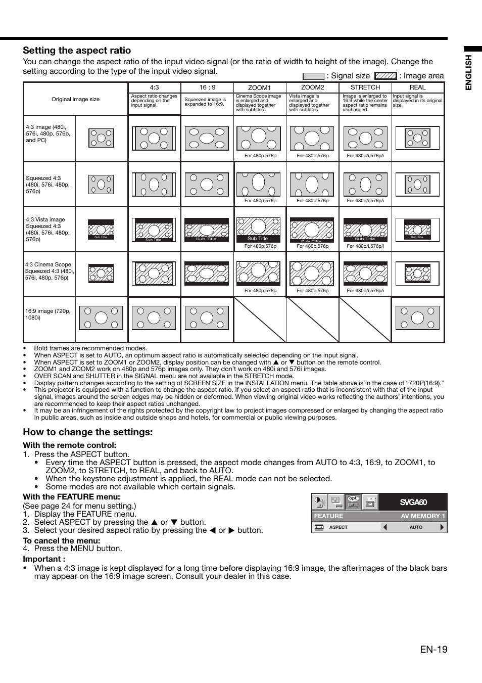 En-19, Setting the aspect ratio, How to change the settings | English, Svga60, Signal size : image area | MITSUBISHI ELECTRIC HD 4000 User Manual | Page 19 / 40