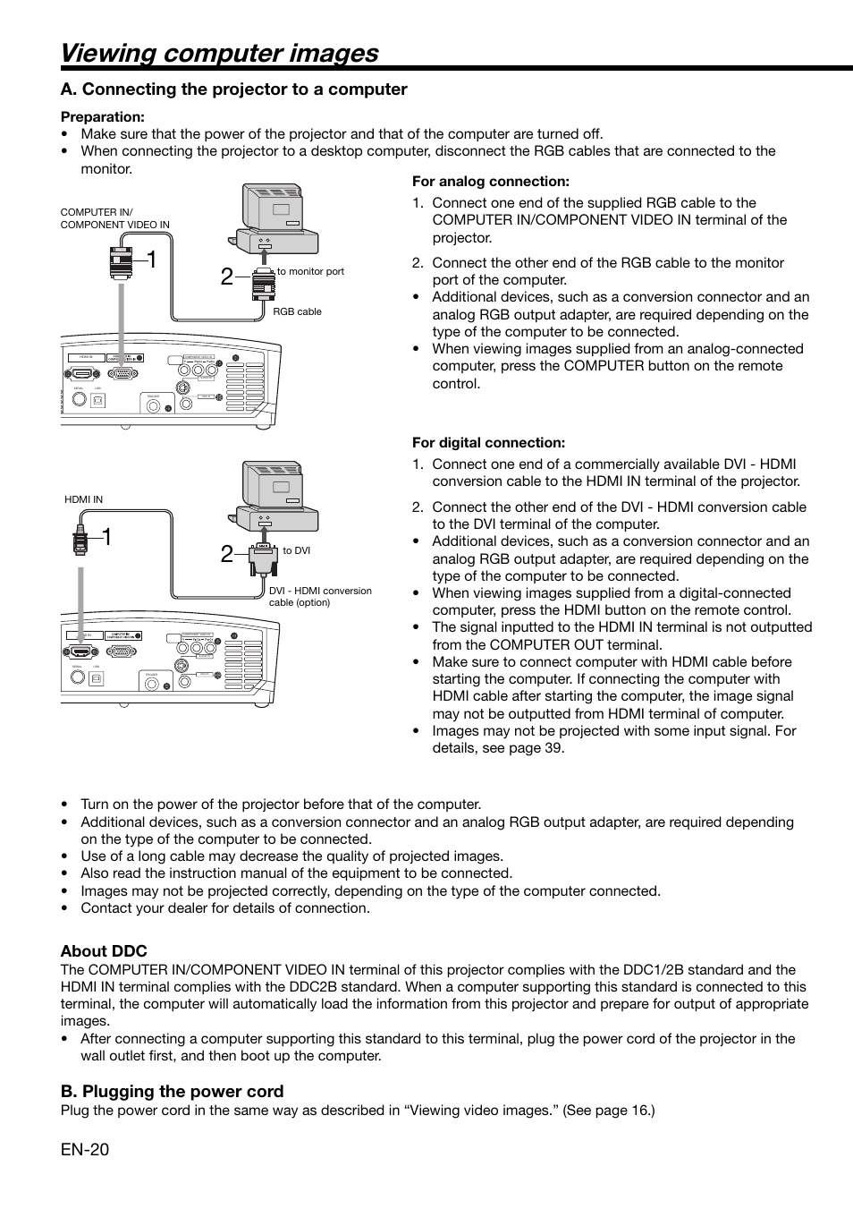 Viewing computer images, En-20, A. connecting the projector to a computer | B. plugging the power cord, About ddc | MITSUBISHI ELECTRIC HD 4000 User Manual | Page 20 / 40