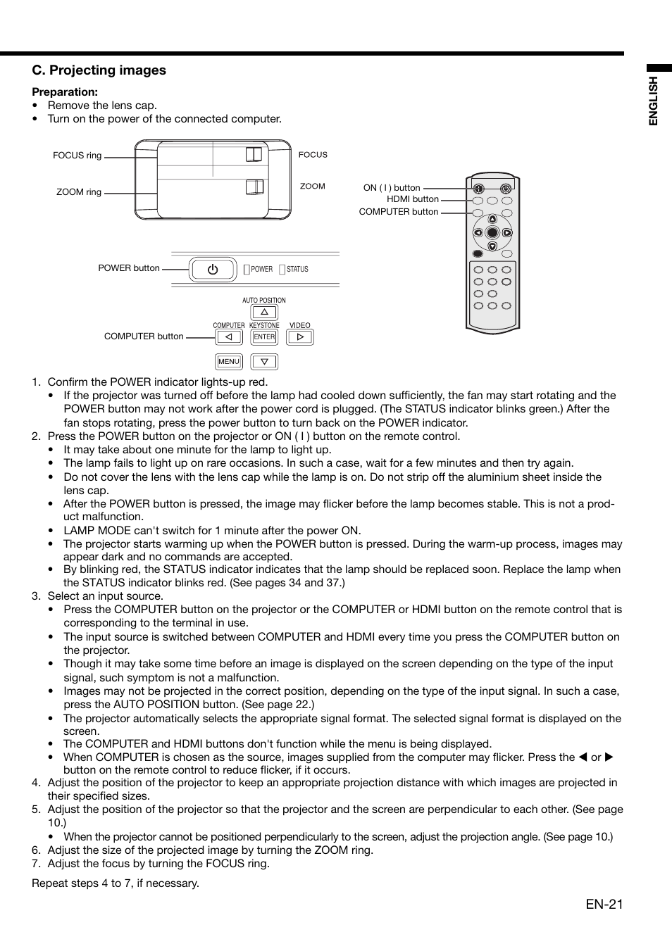 En-21, C. projecting images | MITSUBISHI ELECTRIC HD 4000 User Manual | Page 21 / 40