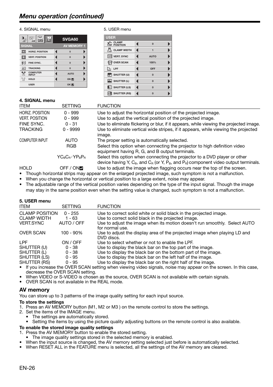 Menu operation (continued), En-26 | MITSUBISHI ELECTRIC HD 4000 User Manual | Page 26 / 40