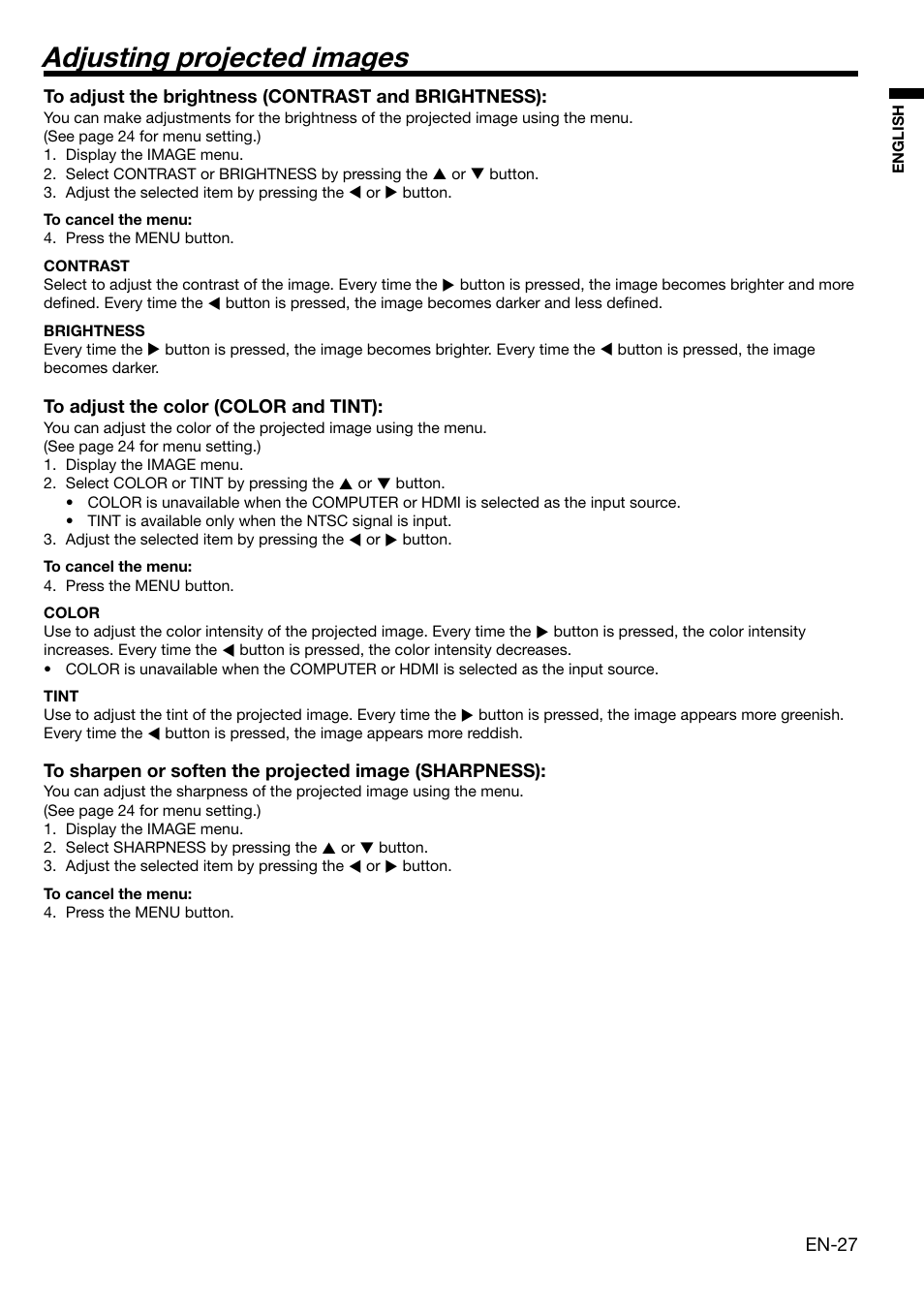 Adjusting projected images | MITSUBISHI ELECTRIC HD 4000 User Manual | Page 27 / 40