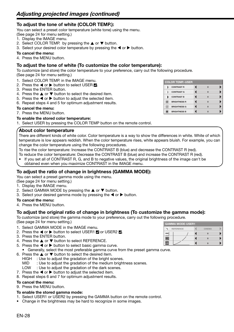 Adjusting projected images (continued), En-28 to adjust the tone of white (color temp.), About color temperature | MITSUBISHI ELECTRIC HD 4000 User Manual | Page 28 / 40