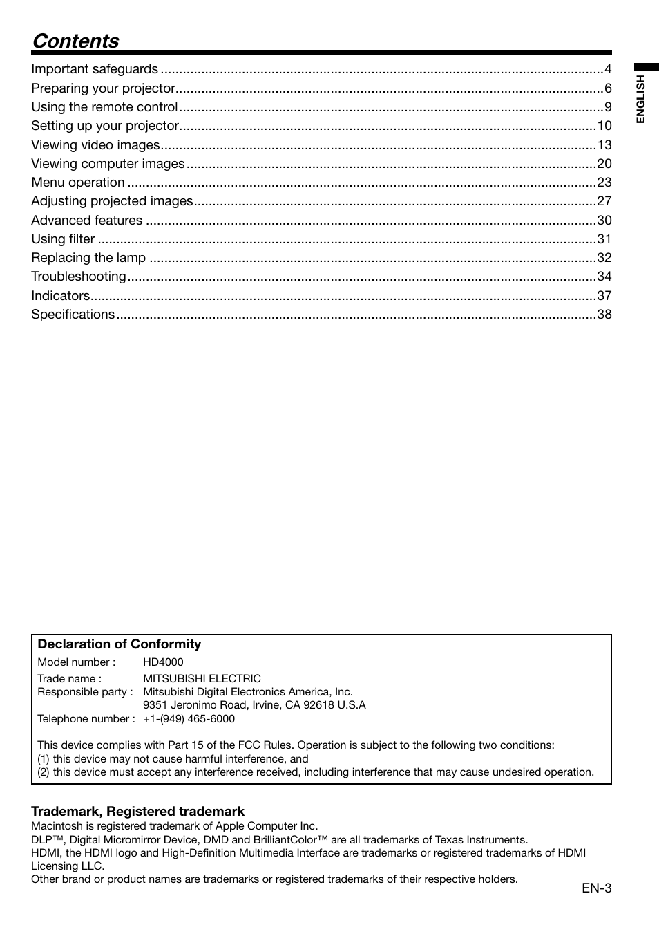 MITSUBISHI ELECTRIC HD 4000 User Manual | Page 3 / 40