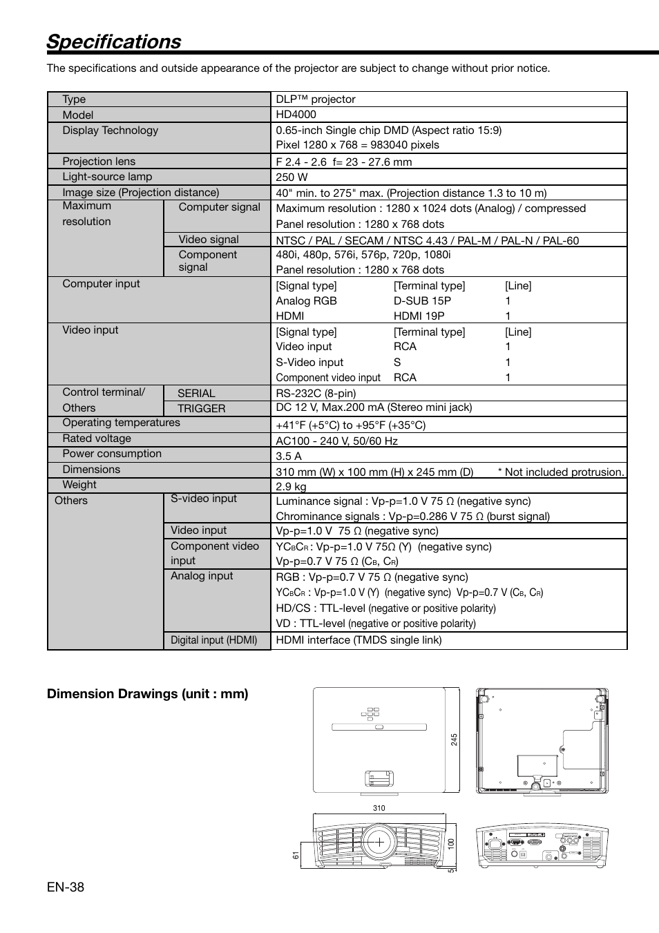 Specifi cations, En-38, Dimension drawings (unit : mm) | MITSUBISHI ELECTRIC HD 4000 User Manual | Page 38 / 40