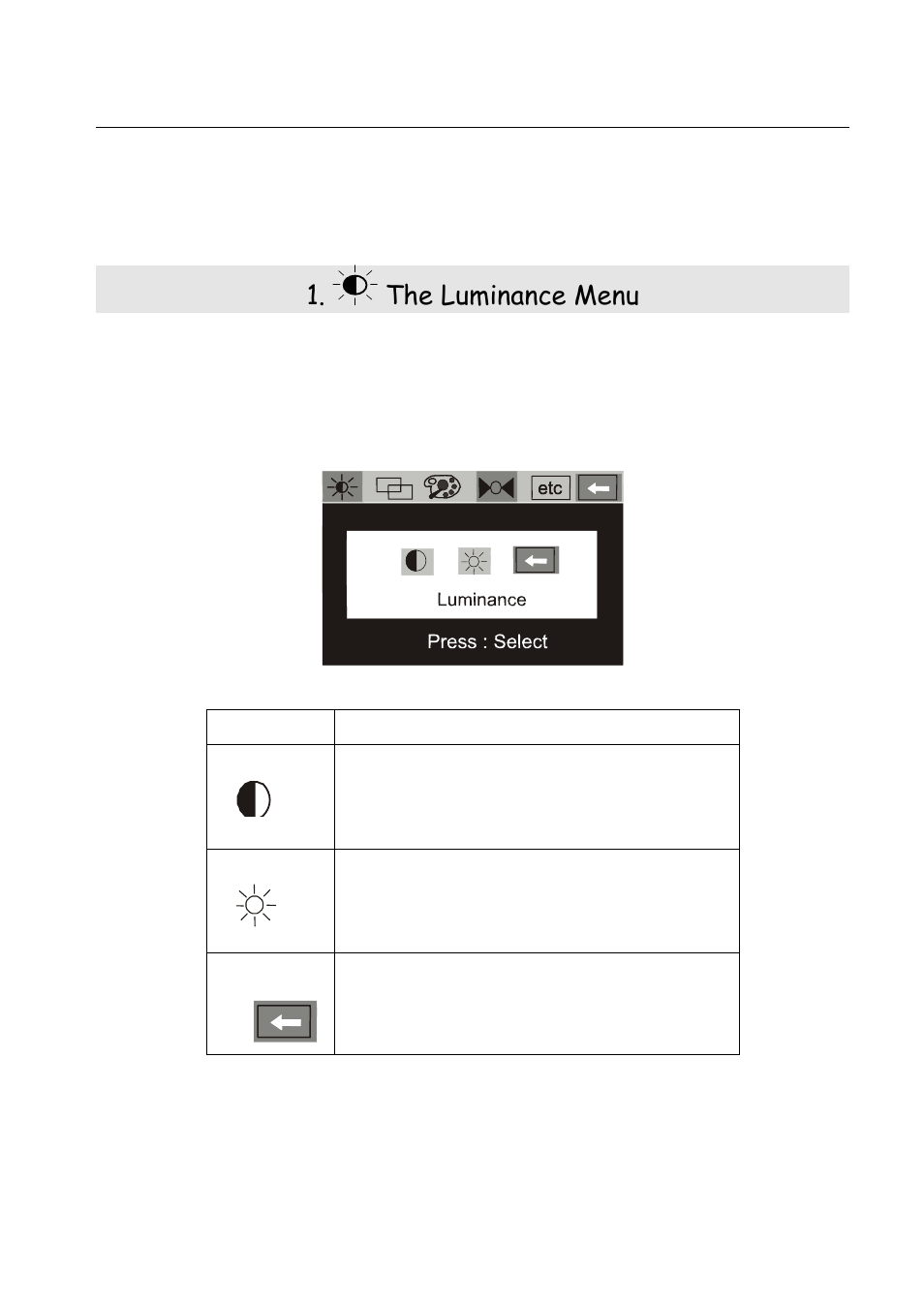 The on screen display, Creen, Isplay | The luminance menu | MITSUBISHI ELECTRIC Diamond View Colour LCD Monitor DV180 User Manual | Page 15 / 27