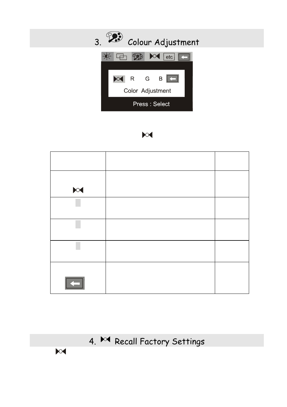 Colour adjustment, Recall factory settings | MITSUBISHI ELECTRIC Diamond View Colour LCD Monitor DV180 User Manual | Page 17 / 27